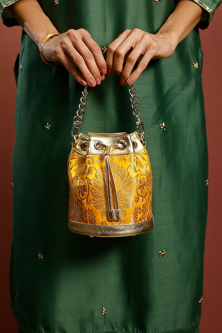 Yellow Genuine Leather & Banarasi Brocade Bucket Bag by Tan and Loom