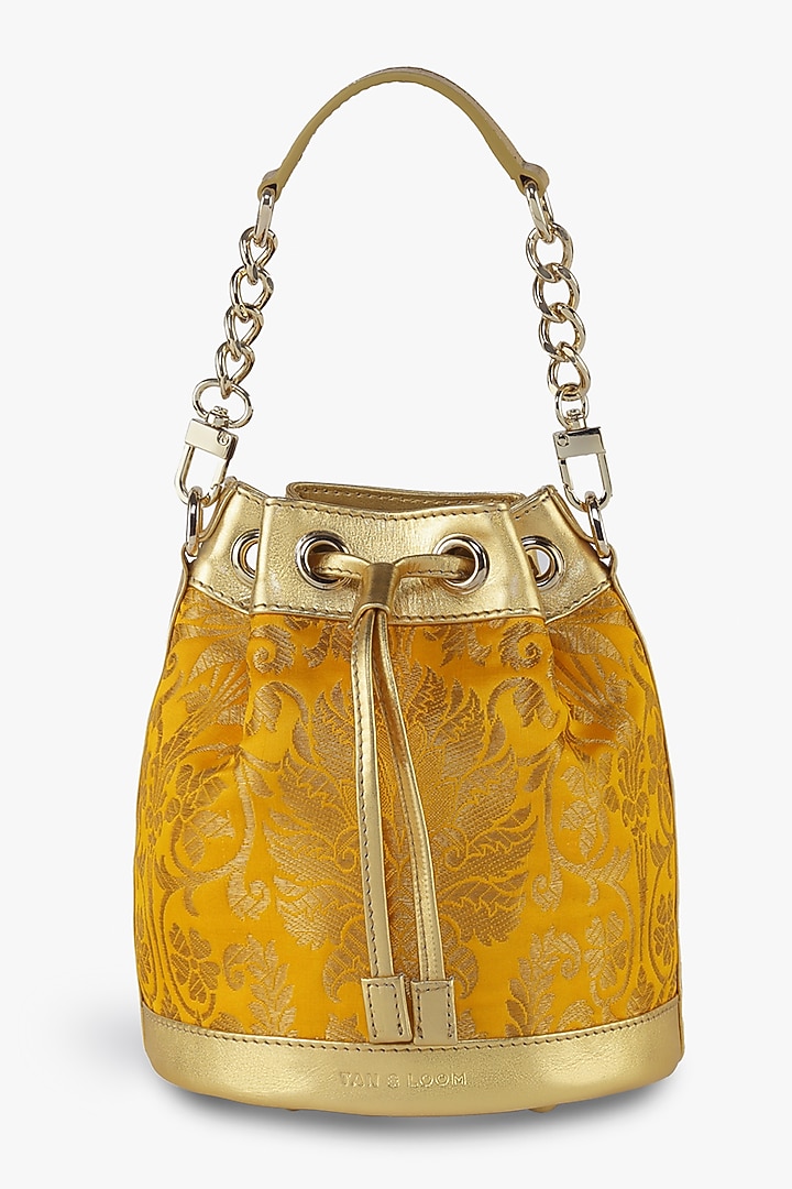 Yellow Genuine Leather & Banarasi Brocade Bucket Bag by Tan and Loom at Pernia's Pop Up Shop
