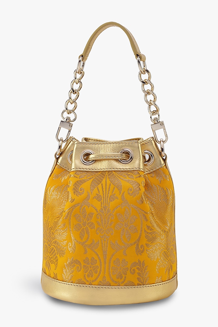Yellow Genuine Leather & Banarasi Brocade Bucket Bag by Tan and Loom at Pernia's Pop Up Shop