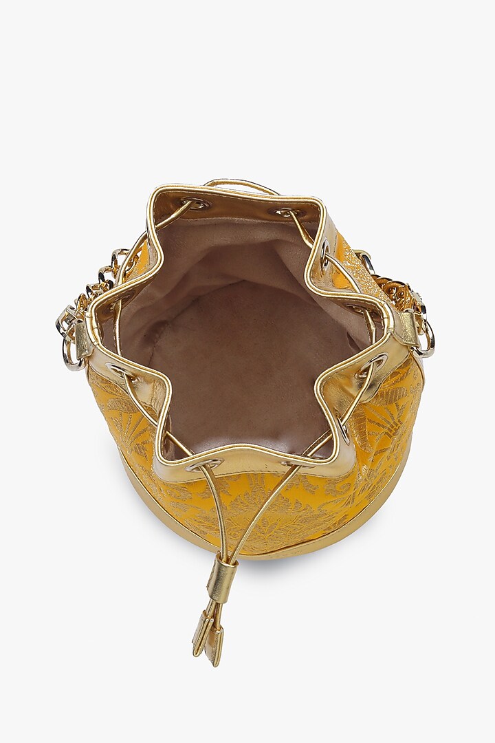 Yellow Genuine Leather & Banarasi Brocade Bucket Bag by Tan and Loom at Pernia's Pop Up Shop