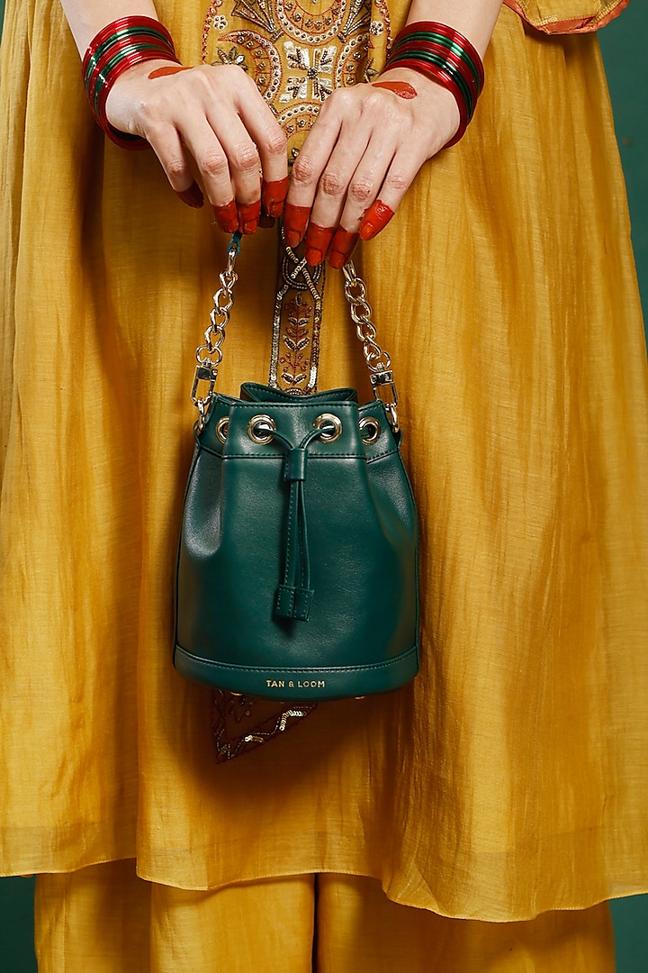 Green Genuine Leather Bucket Bag by Tan and Loom