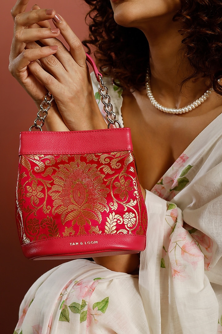 Pink Genuine Leather & Banarasi Brocade Batua Bag by Tan and Loom