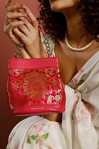 Pink Genuine Leather & Banarasi Brocade Batua Bag by Tan and Loom