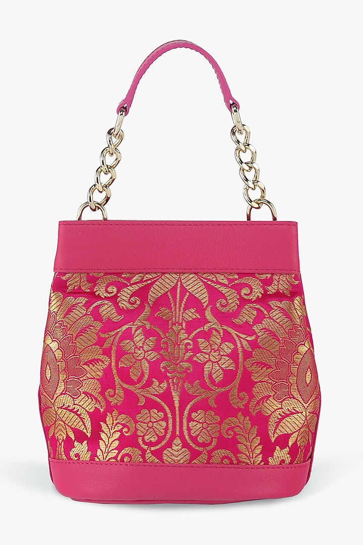 Pink Genuine Leather & Banarasi Brocade Batua Bag by Tan and Loom at Pernia's Pop Up Shop