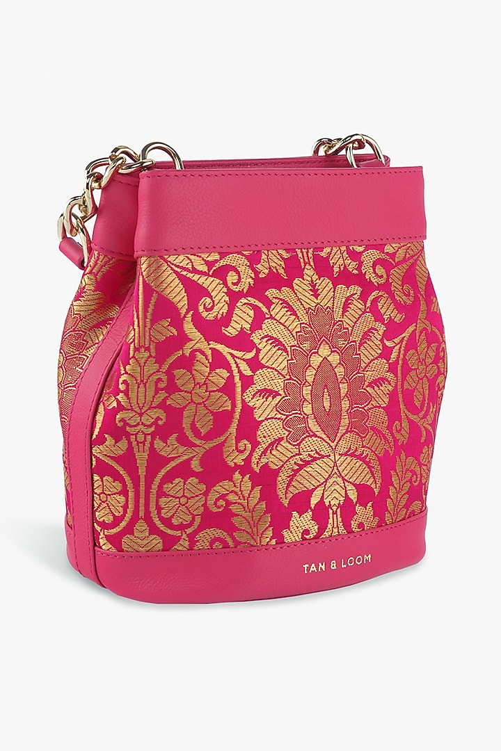 Pink Genuine Leather & Banarasi Brocade Batua Bag by Tan and Loom at Pernia's Pop Up Shop