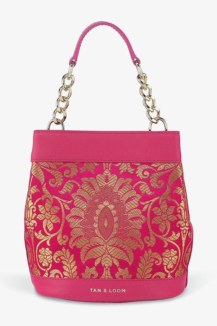 Pink Genuine Leather & Banarasi Brocade Batua Bag by Tan and Loom at Pernia's Pop Up Shop