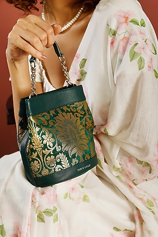 Green Genuine Leather & Banarasi Brocade Batua Bag by Tan and Loom