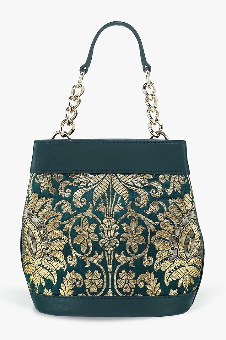 Green Genuine Leather & Banarasi Brocade Batua Bag by Tan and Loom at Pernia's Pop Up Shop