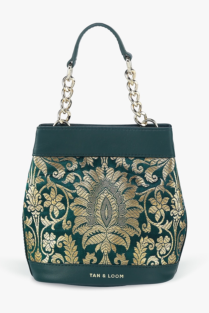 Green Genuine Leather & Banarasi Brocade Batua Bag by Tan and Loom at Pernia's Pop Up Shop
