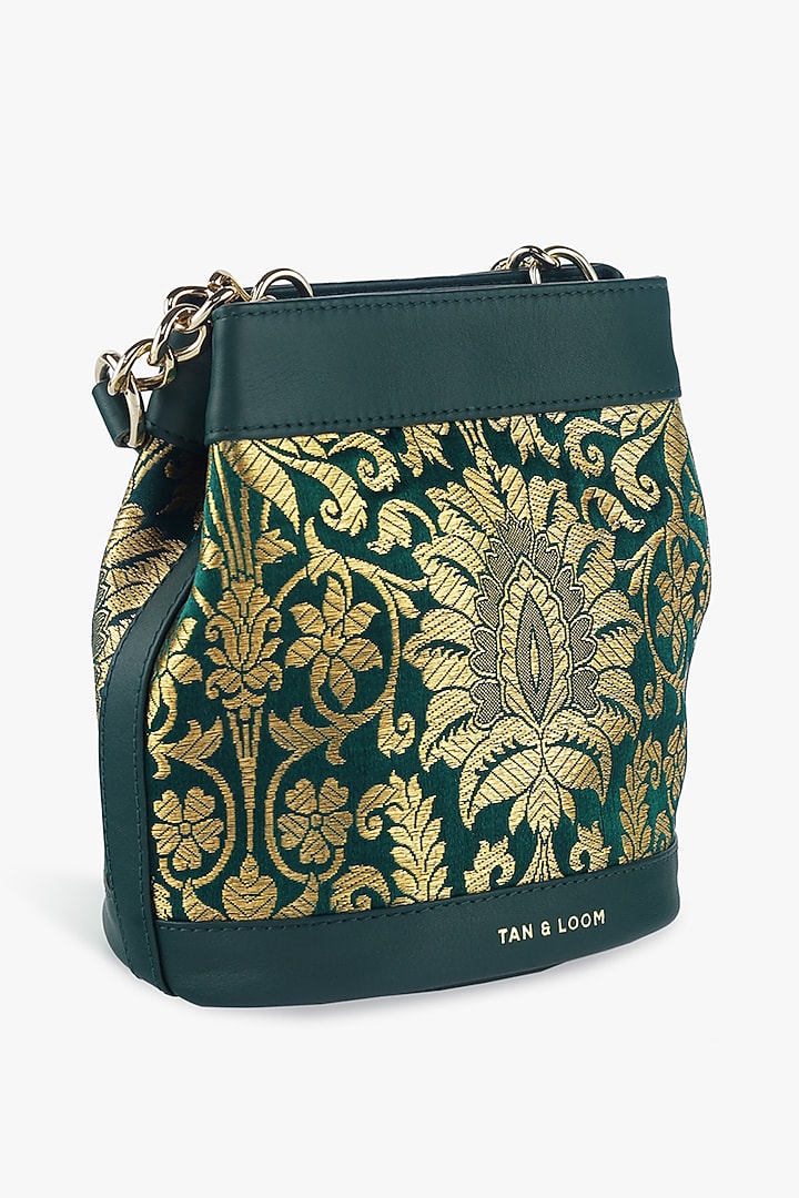 Green Genuine Leather & Banarasi Brocade Batua Bag by Tan and Loom at Pernia's Pop Up Shop