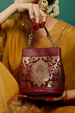 Maroon Genuine Leather & Banarasi Brocade Batua Bag by Tan and Loom