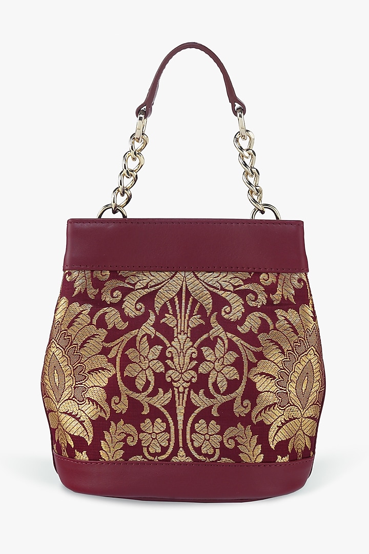 Maroon Genuine Leather & Banarasi Brocade Batua Bag by Tan and Loom at Pernia's Pop Up Shop