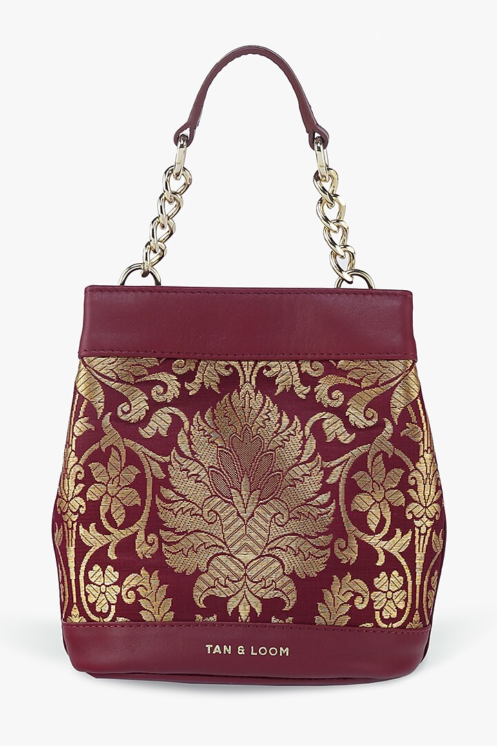 Maroon Genuine Leather & Banarasi Brocade Batua Bag by Tan and Loom at Pernia's Pop Up Shop