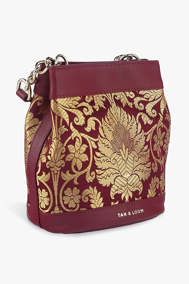 Maroon Genuine Leather & Banarasi Brocade Batua Bag by Tan and Loom at Pernia's Pop Up Shop