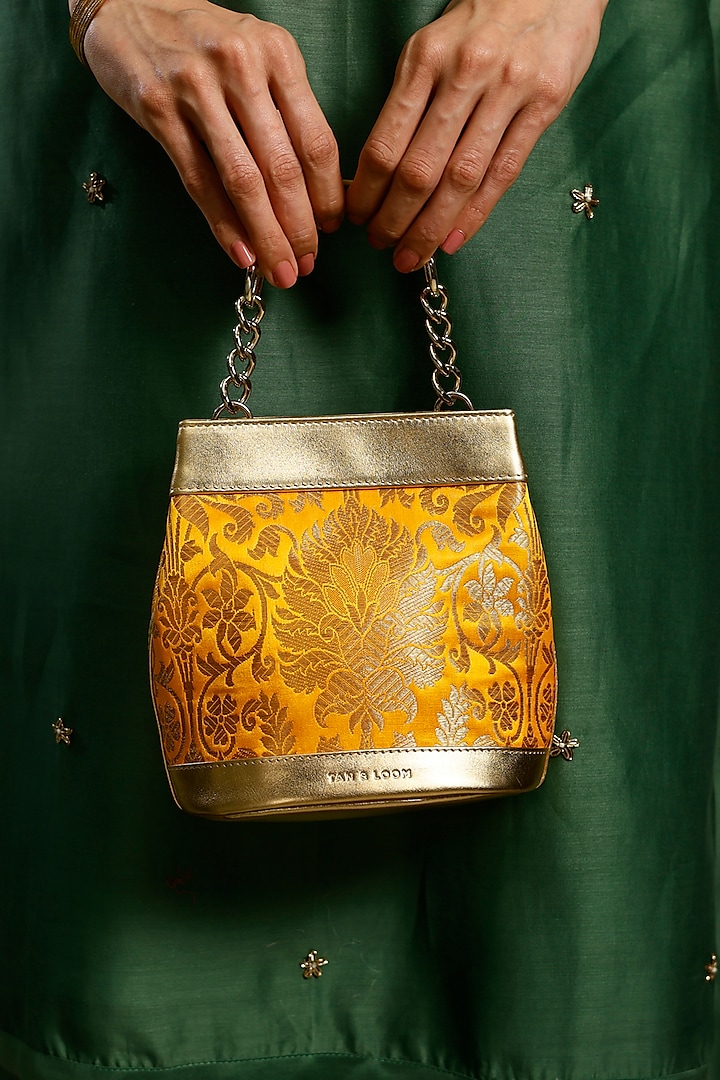 Yellow Genuine Leather & Banarasi Brocade Batua Bag by Tan and Loom