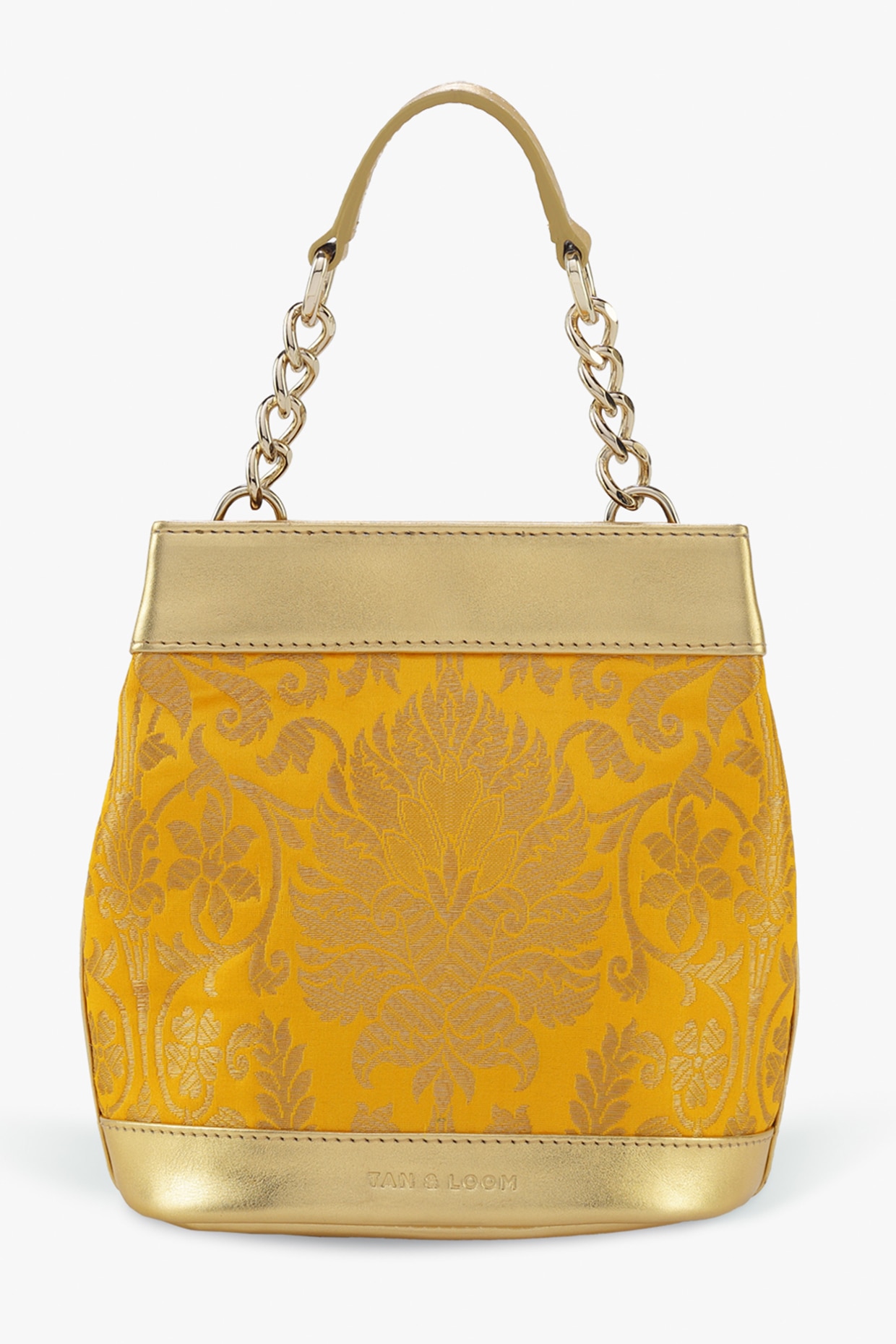 Yellow Genuine Leather Banarasi Brocade Batua Bag Design by Tan