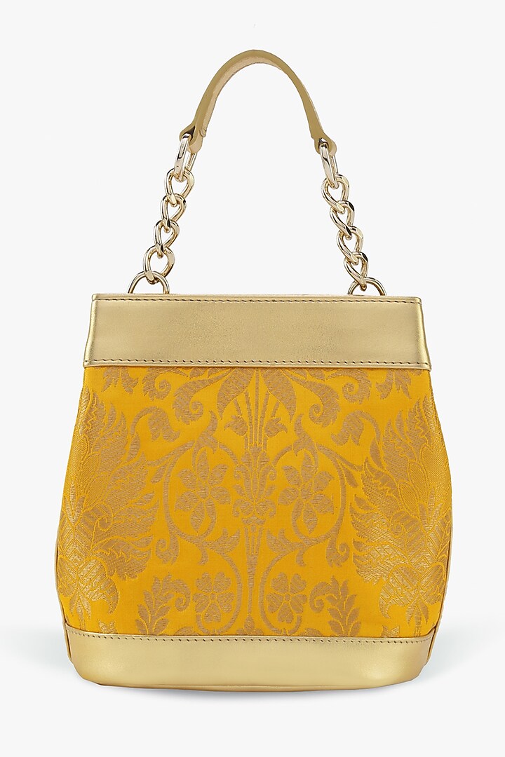 Yellow Genuine Leather & Banarasi Brocade Batua Bag by Tan and Loom at Pernia's Pop Up Shop