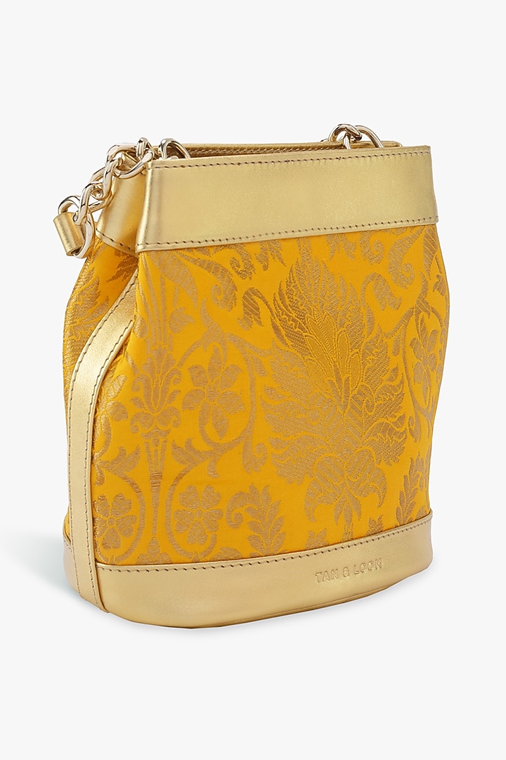Yellow Genuine Leather & Banarasi Brocade Batua Bag by Tan and Loom at Pernia's Pop Up Shop