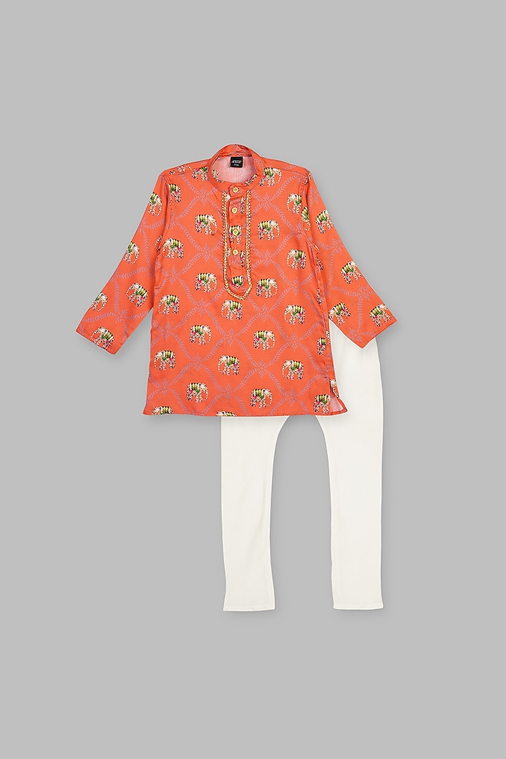 Coral Orange Printed Kurta Set For Boys by The Native Place