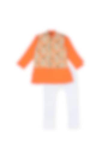 Orange Floral Printed Kurta Set With Jacket For Boys by The Native Place