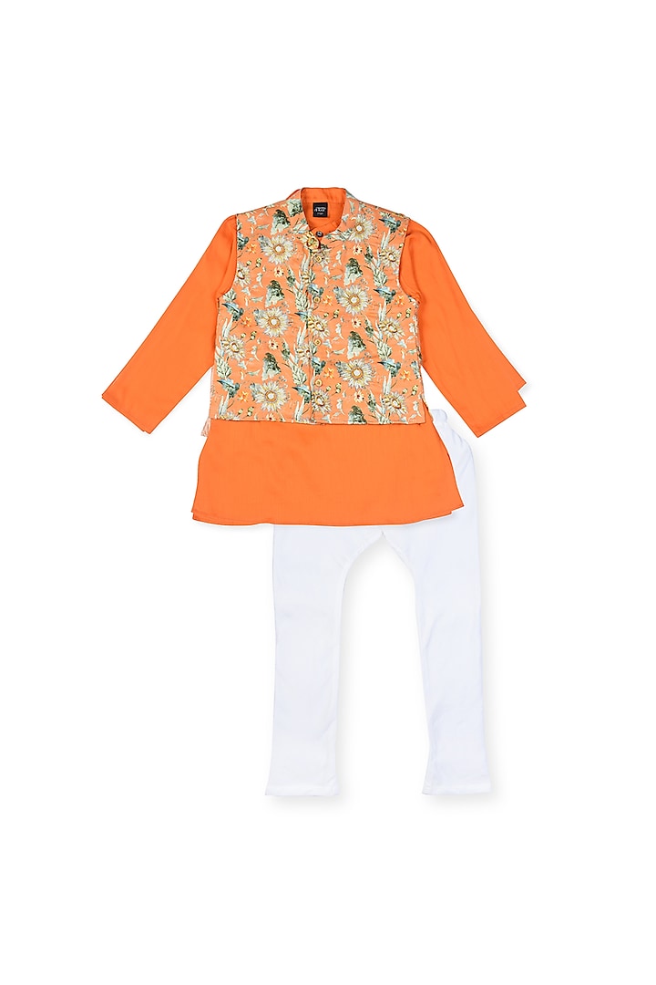 Orange Floral Printed Kurta Set With Jacket For Boys by The Native Place at Pernia's Pop Up Shop