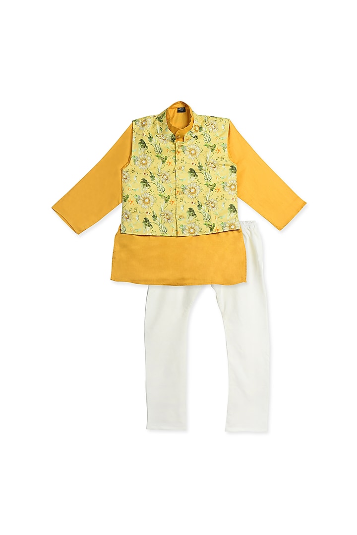 Yellow Floral Printed Kurta Set With Jacket For Boys by The Native Place