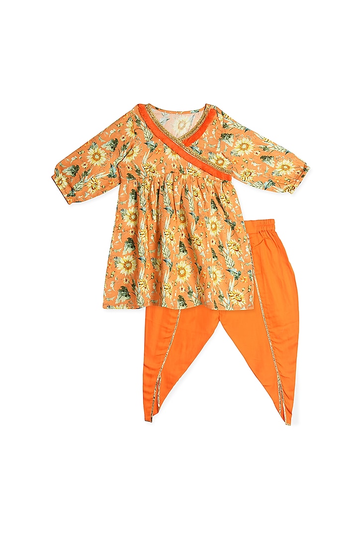 Orange Floral Printed Dhoti Set For Girls by The Native Place