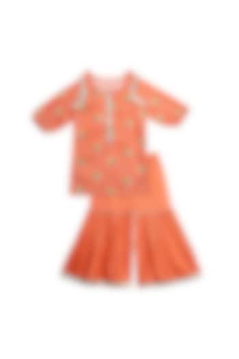 Coral Orange Printed Sharara Set For Girls by The Native Place at Pernia's Pop Up Shop