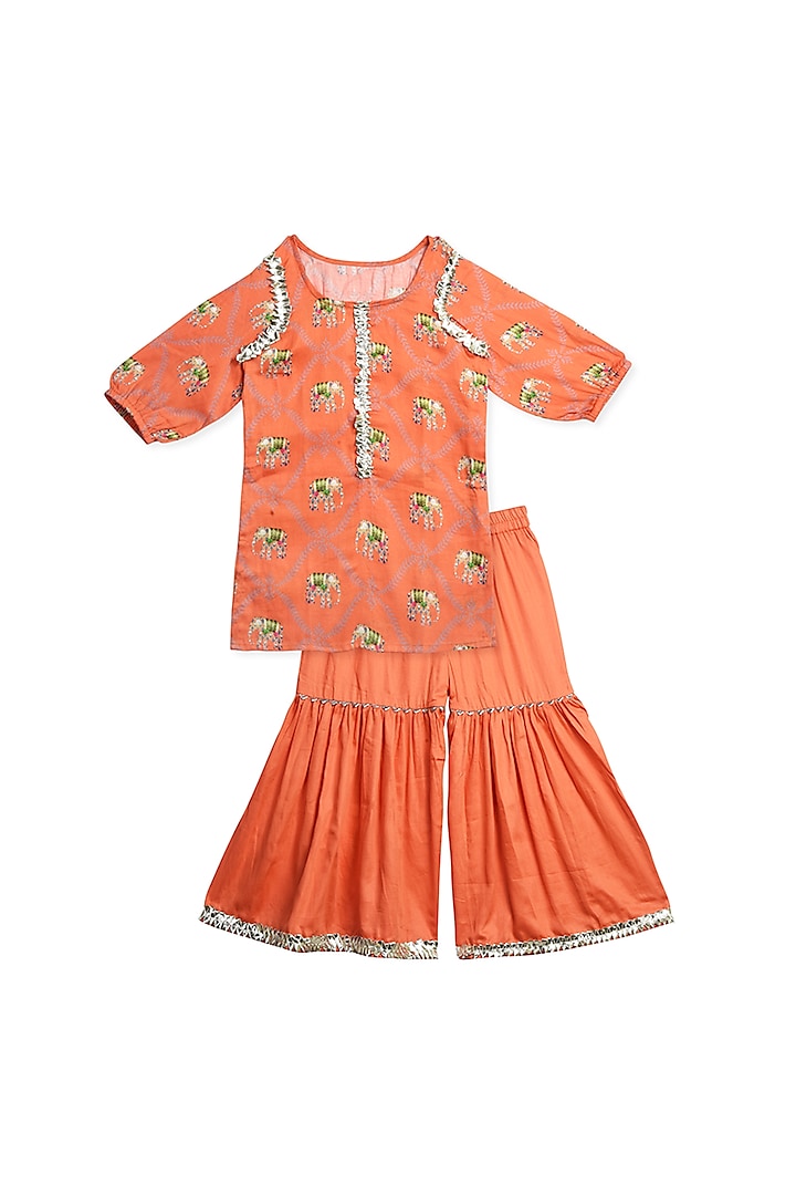 Coral Orange Printed Sharara Set For Girls by The Native Place
