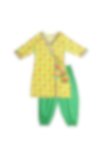 Yellow Printed Angrakha Kurta Set For Girls by The Native Place