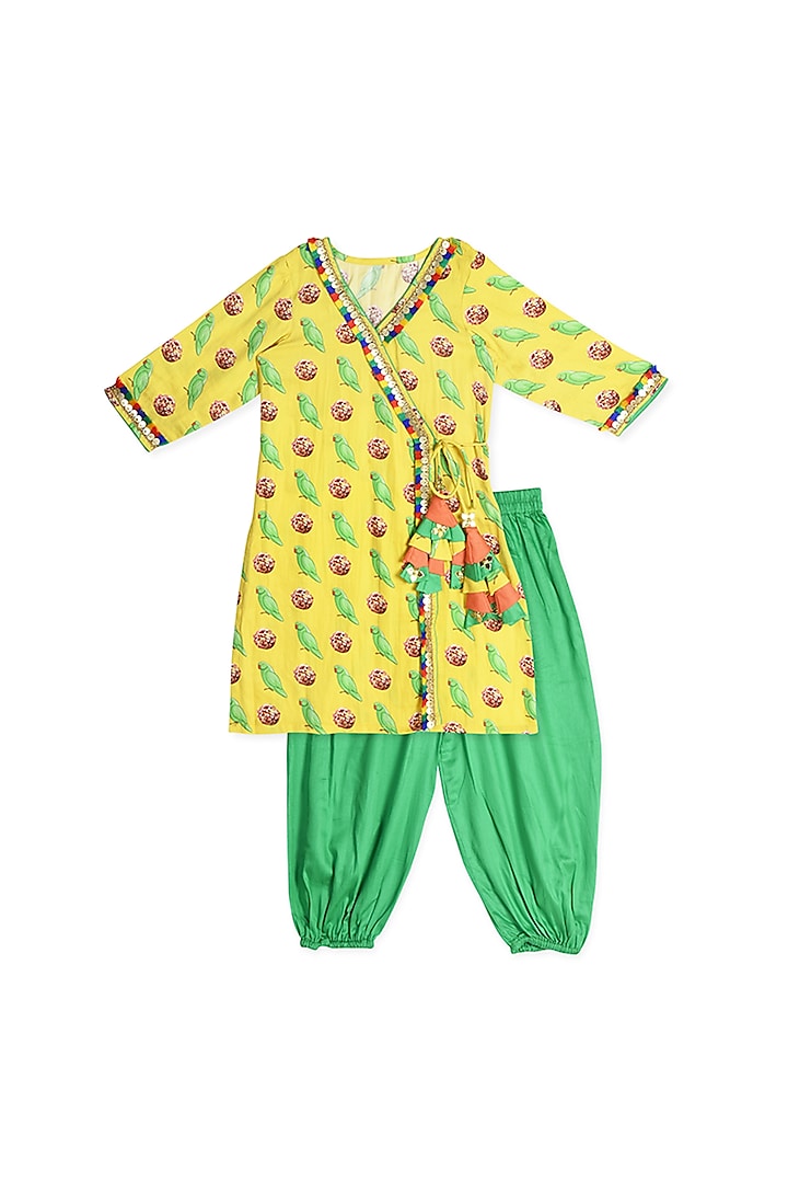 Yellow Printed Angrakha Kurta Set For Girls by The Native Place