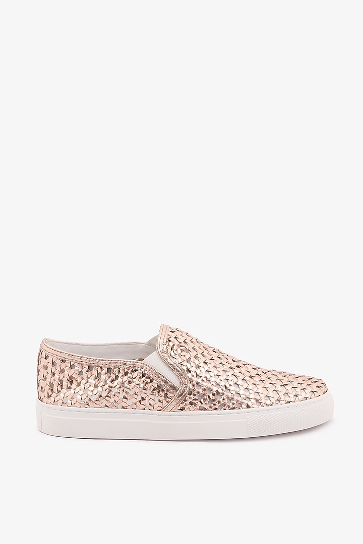 Rose Gold Leather Handwoven Sneakers by Toni Rossi at Pernia's Pop Up Shop