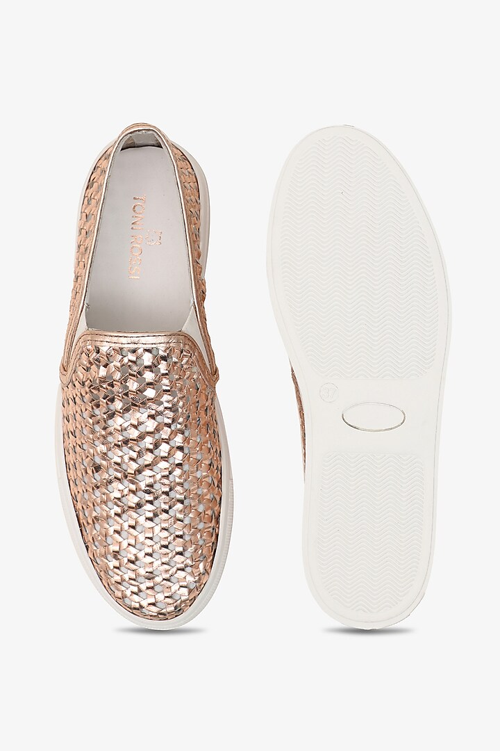 Rose Gold Leather Handwoven Sneakers by Toni Rossi at Pernia's Pop Up Shop