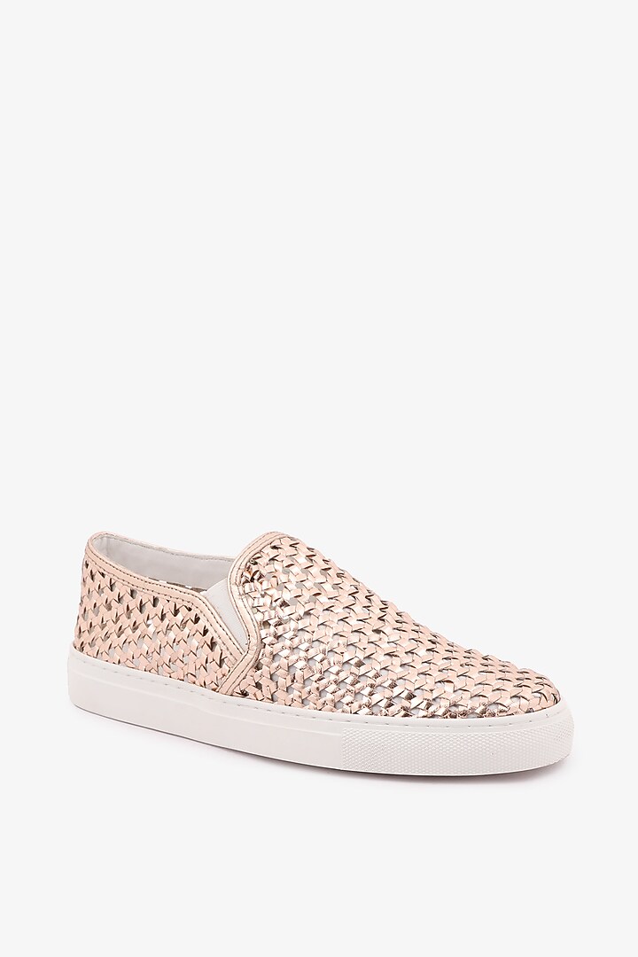 Rose Gold Leather Handwoven Sneakers by Toni Rossi at Pernia's Pop Up Shop
