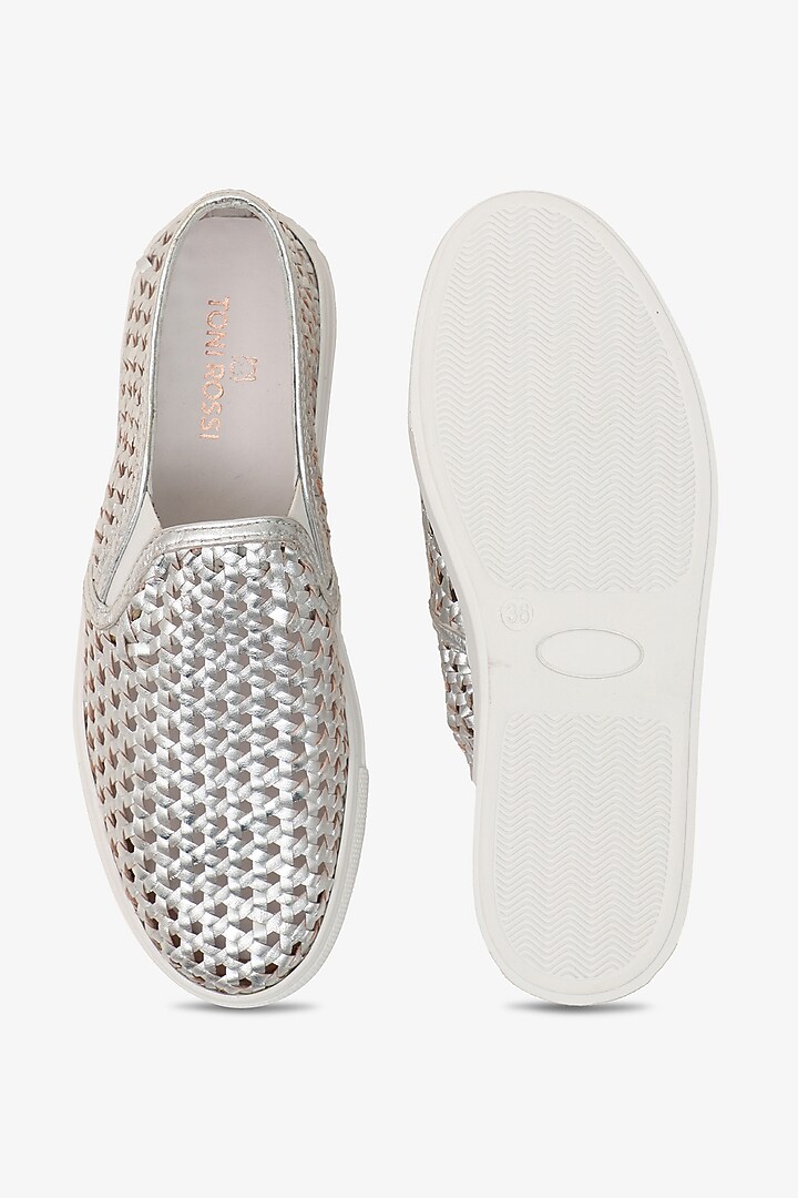 Silver Leather Handwoven Sneakers by Toni Rossi at Pernia's Pop Up Shop