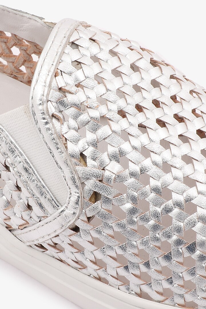 Silver Leather Handwoven Sneakers by Toni Rossi at Pernia's Pop Up Shop