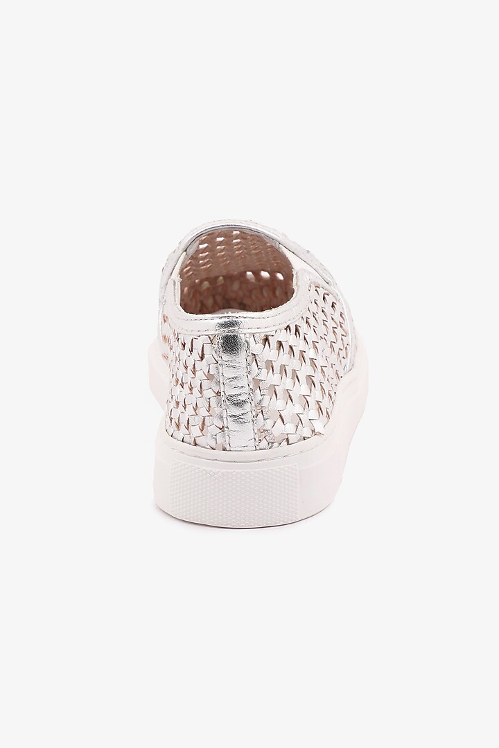 Silver Leather Handwoven Sneakers by Toni Rossi at Pernia's Pop Up Shop
