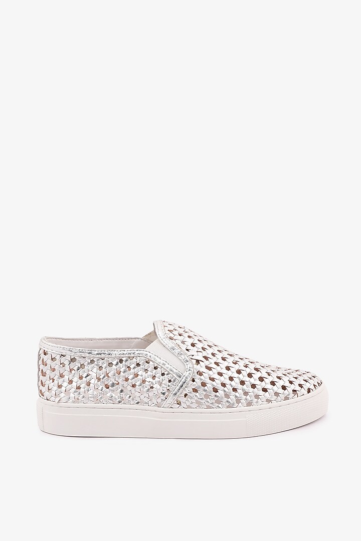 Silver Leather Handwoven Sneakers by Toni Rossi at Pernia's Pop Up Shop
