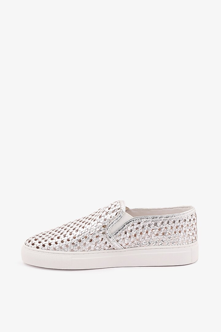 Silver Leather Handwoven Sneakers by Toni Rossi at Pernia's Pop Up Shop