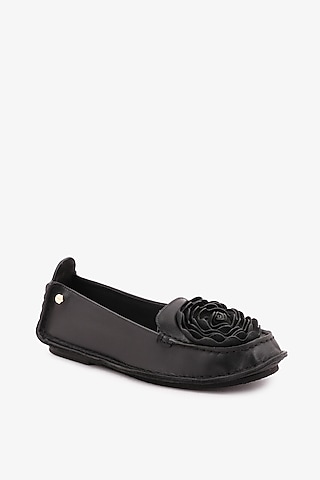 Black Leather Floral Loafers by Toni Rossi