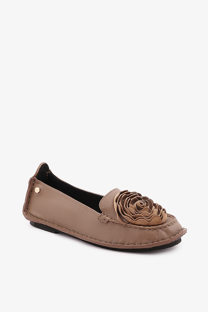 Taupe Leather Floral Loafers by Toni Rossi