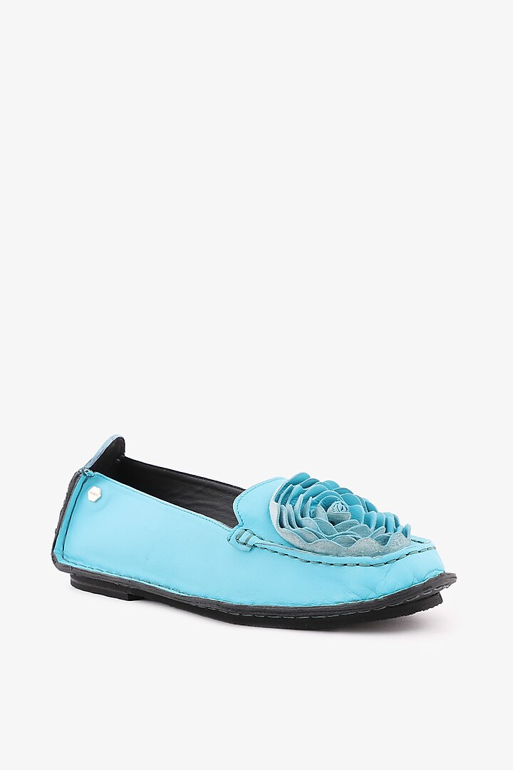 Sky Blue Leather Floral Loafers by Toni Rossi