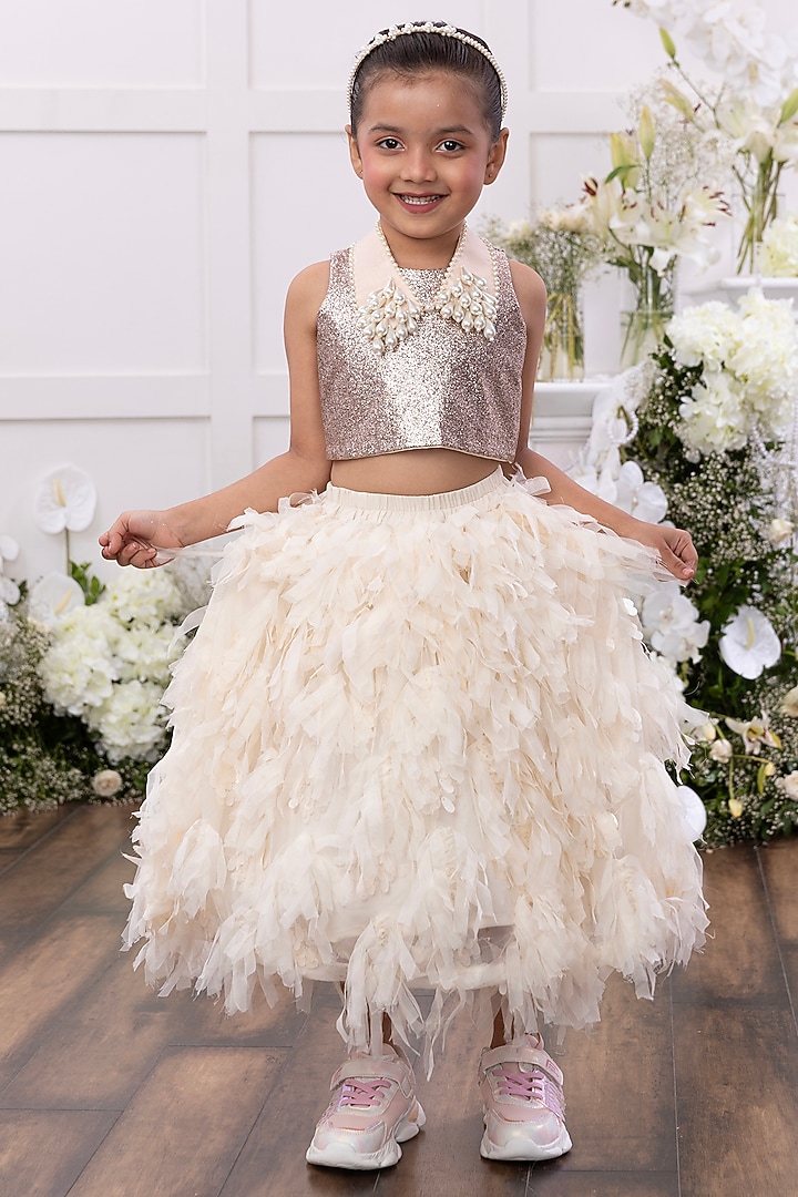 Off-White Georgette Feather Skirt Set For Girls by Tinsel Kids at Pernia's Pop Up Shop