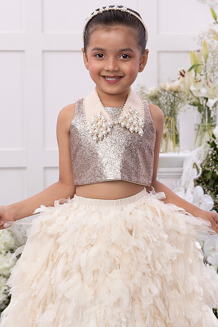 Off-White Georgette Feather Skirt Set For Girls by TAMASHA at Pernia's Pop Up Shop