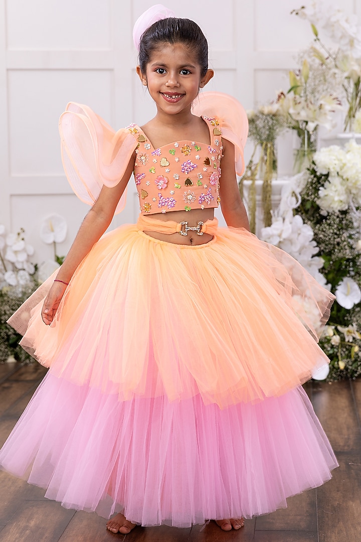 Peach & Pink Tulle Net Layered Skirt Set by Tinsel Kids at Pernia's Pop Up Shop