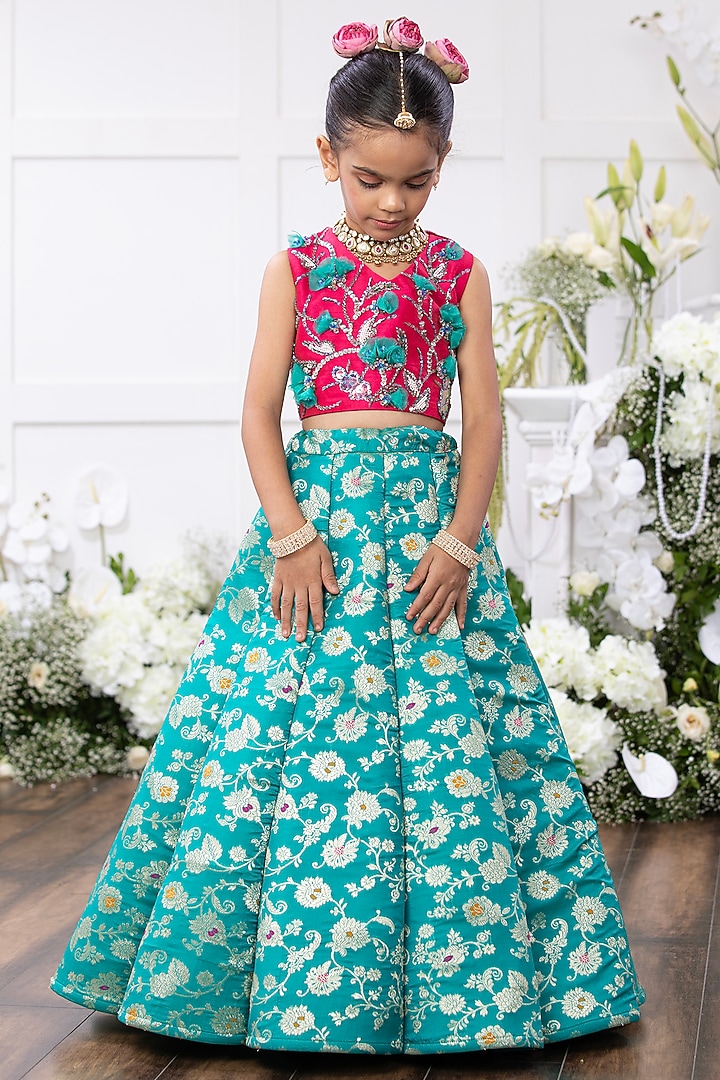 Sea Green Brocade Lehenga Set For Girls by Tinsel Kids at Pernia's Pop Up Shop
