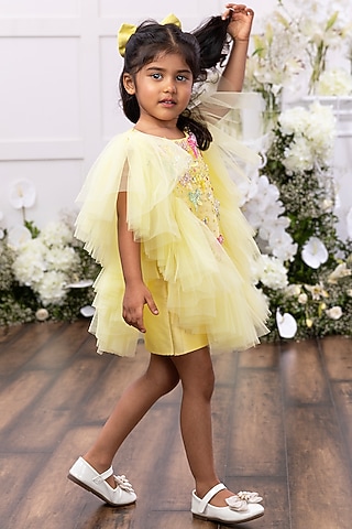 Yellow Burberry Silk & Tulle Net Hand Embellished Dress For Girls by TAMASHA