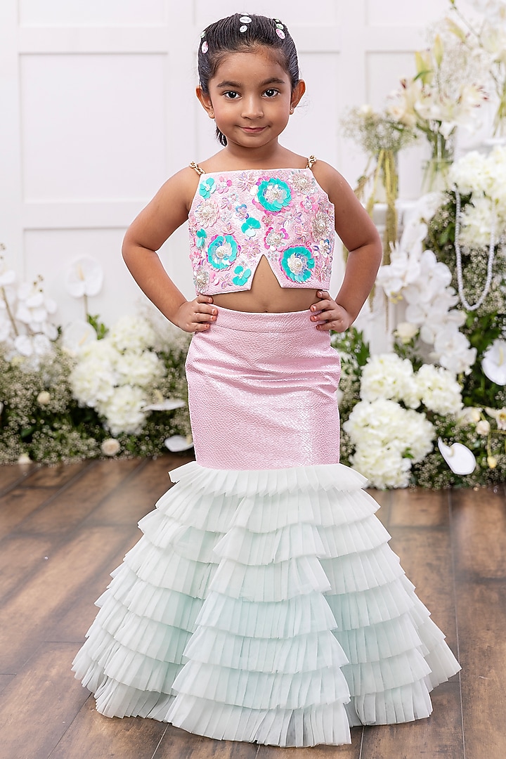 Pastel Pink Faux Leather Skirt Set For Girls by Tinsel Kids at Pernia's Pop Up Shop