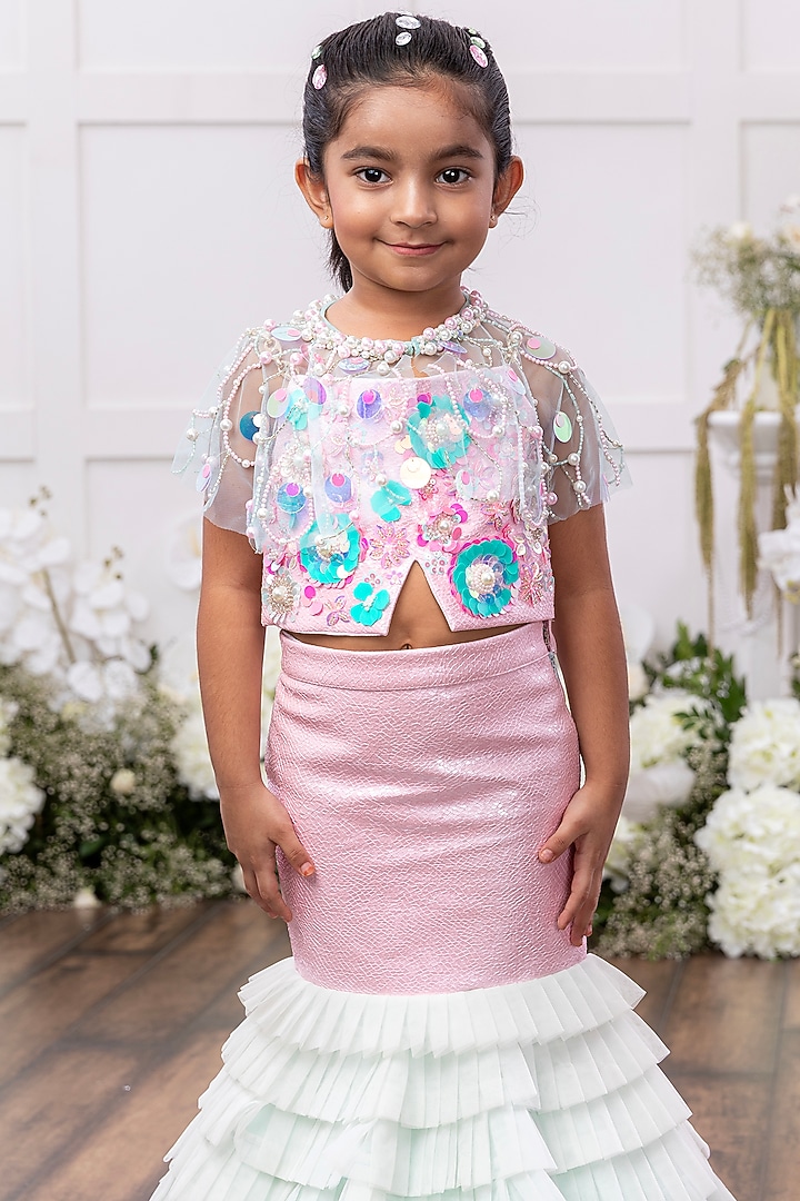 Pastel Pink Faux Leather Skirt Set For Girls by TAMASHA at Pernia's Pop Up Shop