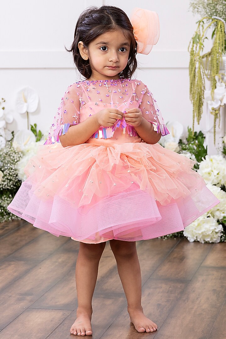 Soft Peachy Pink Taffeta Silk & Tulle Net Embroidered Jacket Dress For Girls by Tinsel Kids at Pernia's Pop Up Shop
